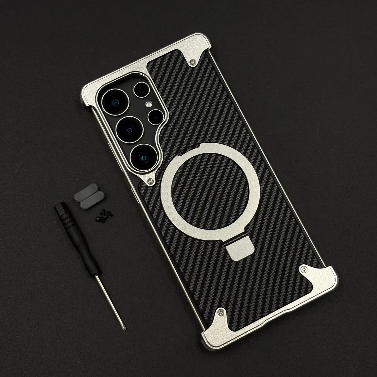 Samsung Galaxy S26 Ultra Metal Bumper Case, Frameless Carbon Magnetic Invisible Stand Cover - Silver