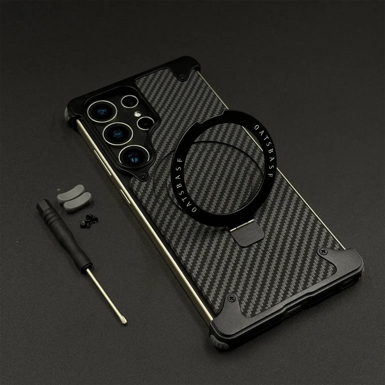 Samsung Galaxy S26 Ultra Metal Bumper Case, Frameless Carbon Magnetic Invisible Stand Cover - Black