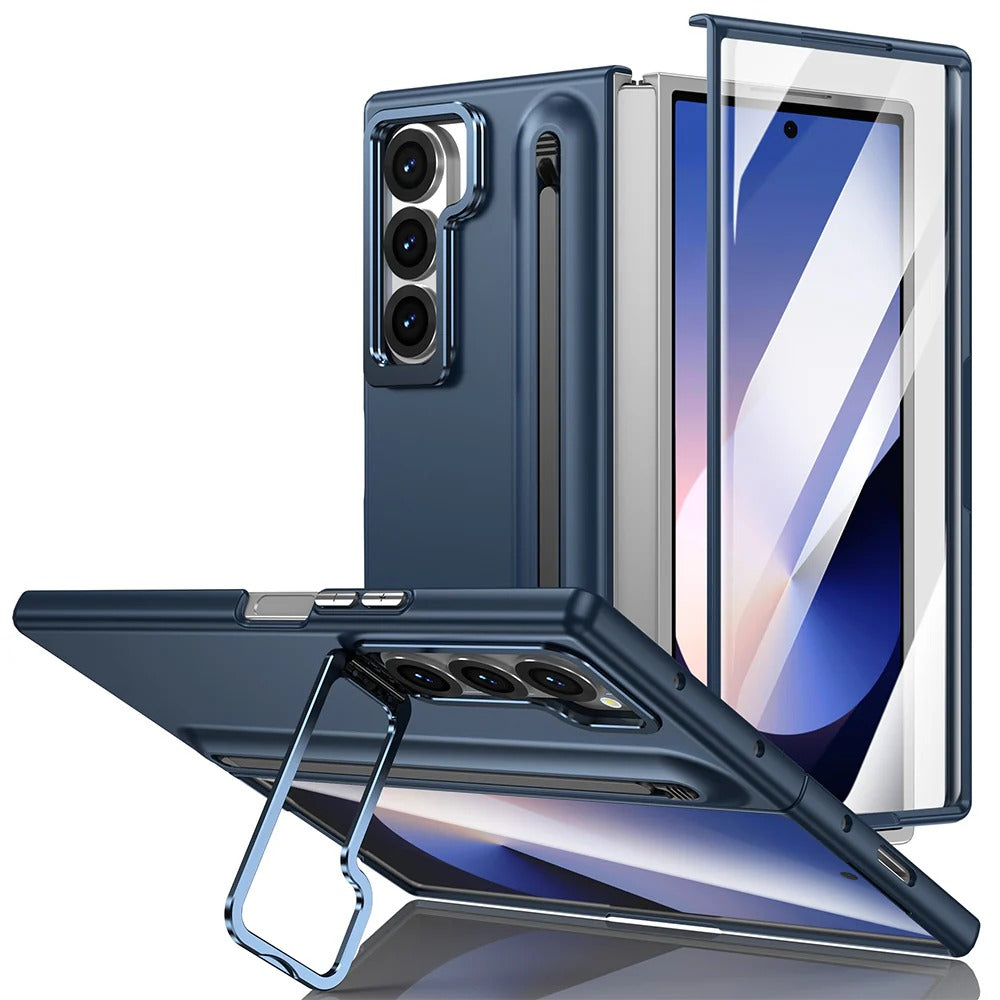 Samsung Galaxy Z Fold7 S-Pen Case, Skin Feel Metal Camera Stand with Front Glass - Blue