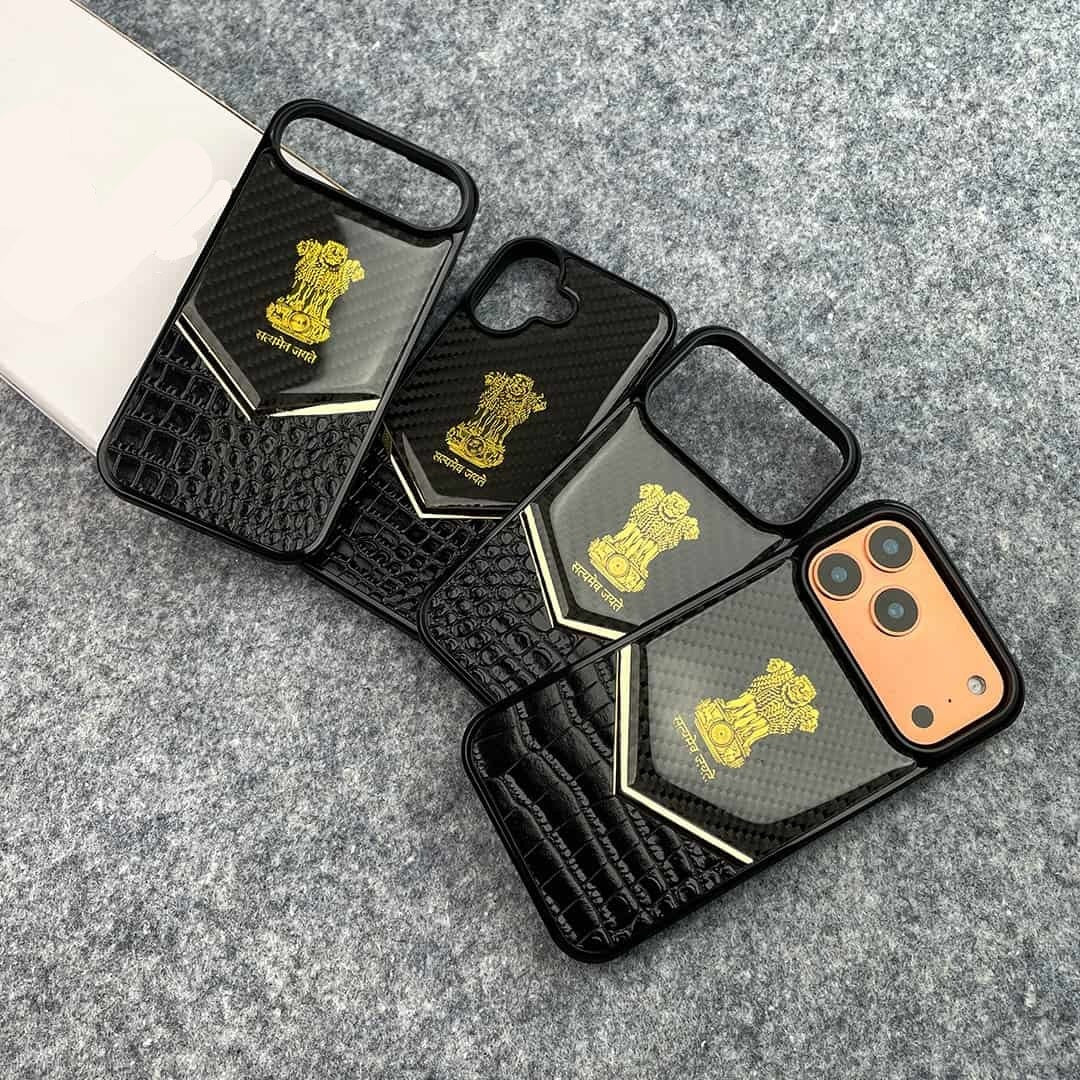 iPhone 17 Pro Max "Satyamev Jayate" Crock & Carbon Pattern Printed Logo Case