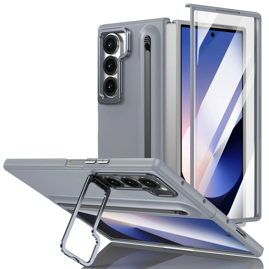 Samsung Galaxy Z Fold7 S-Pen Case, Skin Feel Metal Camera Stand with Front Glass - Grey