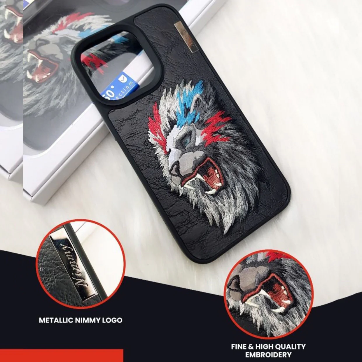 iPhone 15 Pro Max Nimmy 3D Embroided Leather Lion Back Case