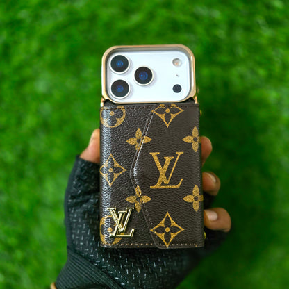 iPhone 17 Pro Luxurious Electroplating LV Leather Case with Wallet Card Holder