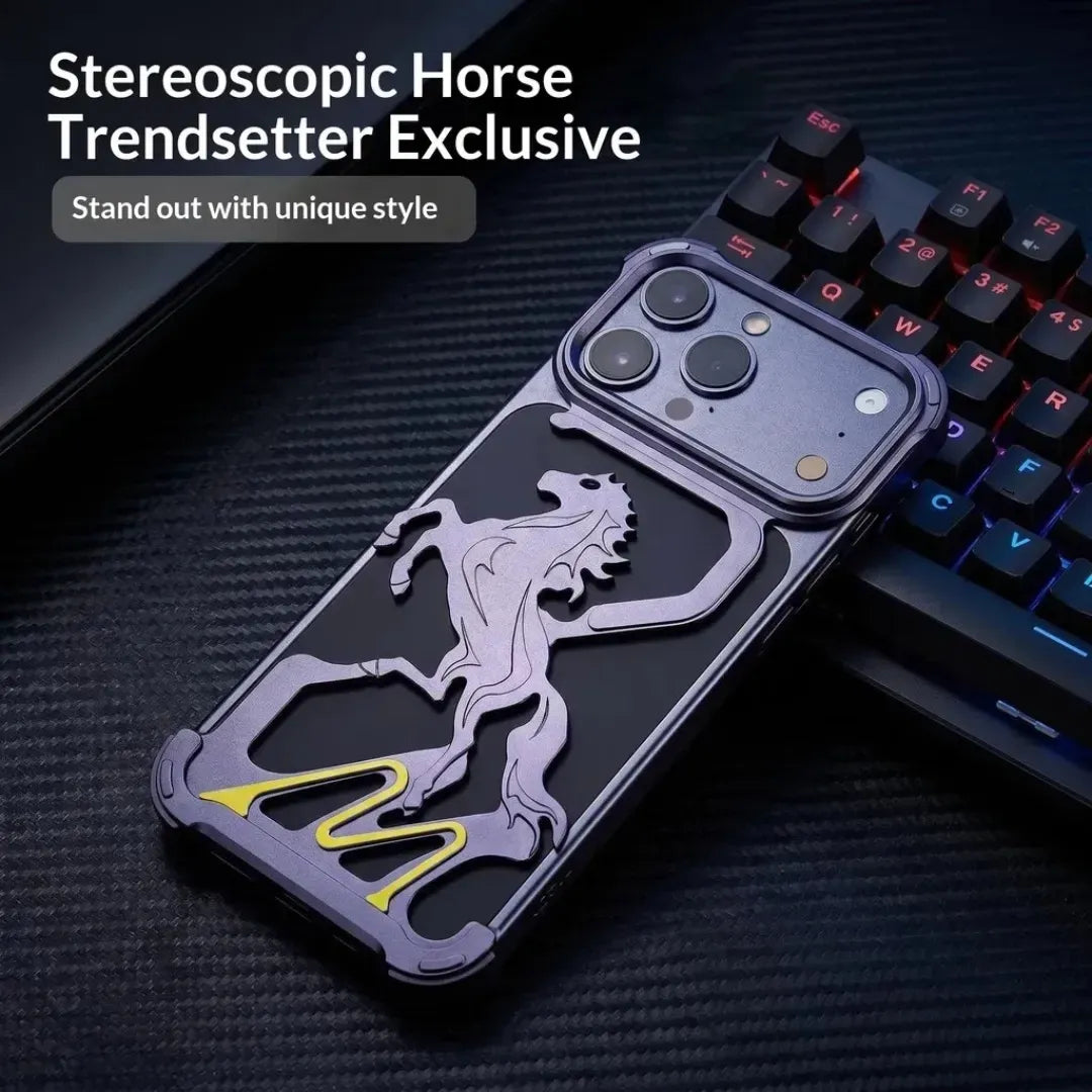 iPhone 18 Pro Max Metal Bumper Case, Frameless Pegasus Horse Hollow Aluminum Alloy Metal Bumper Cover - Wine