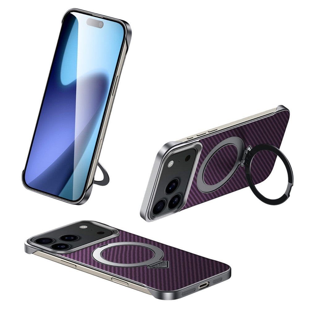 iPhone 18 Pro Carbon Bumper Case, SULADA Carbon Fiber Texture with Metal Standing Ring & Magsafe - Purple