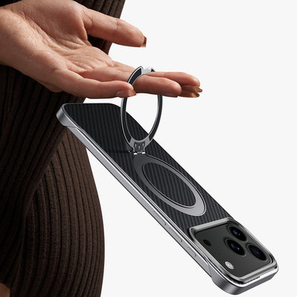 iPhone 18 Pro Carbon Bumper Case, SULADA Carbon Fiber Texture with Metal Standing Ring & Magsafe - Black