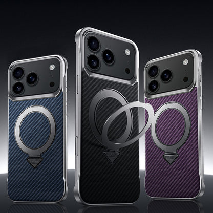 iPhone 18 Pro Carbon Bumper Case, SULADA Carbon Fiber Texture with Metal Standing Ring & Magsafe - Black