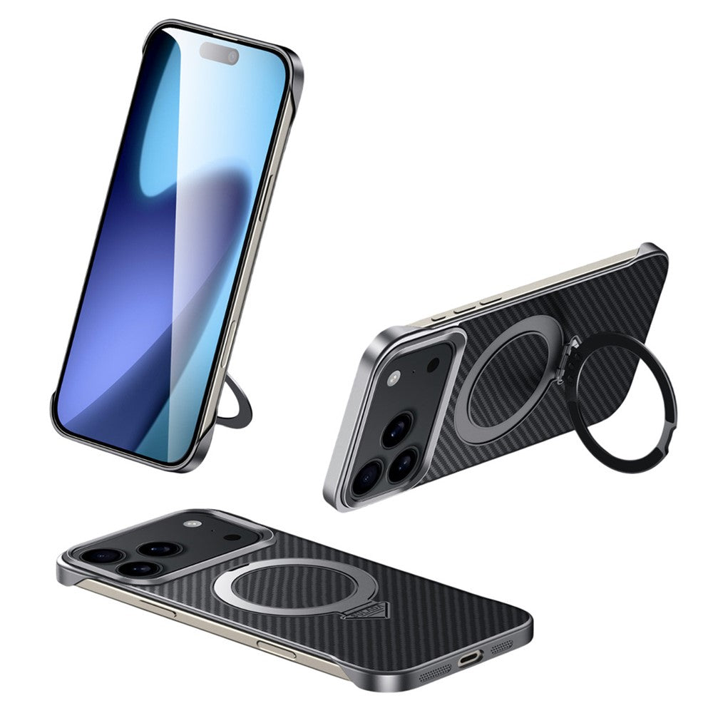 iPhone 18 Pro Carbon Bumper Case, SULADA Carbon Fiber Texture with Metal Standing Ring & Magsafe - Black