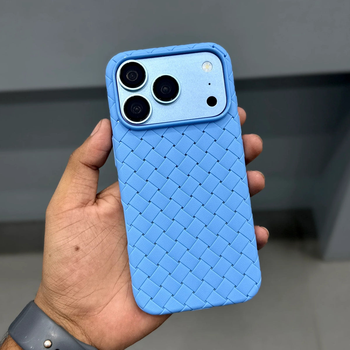 iPhone 18 Pro Max Luxury Weave Breathable Cooling Matte Soft Grid Case - Sky Blue