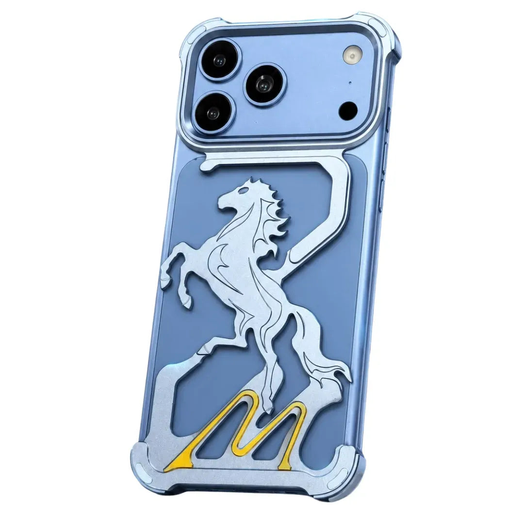 iPhone 18 Pro Metal Bumper Case, Pegasus Horse Hollow Aluminum Alloy Metal Bumper Cover - Sky BLue