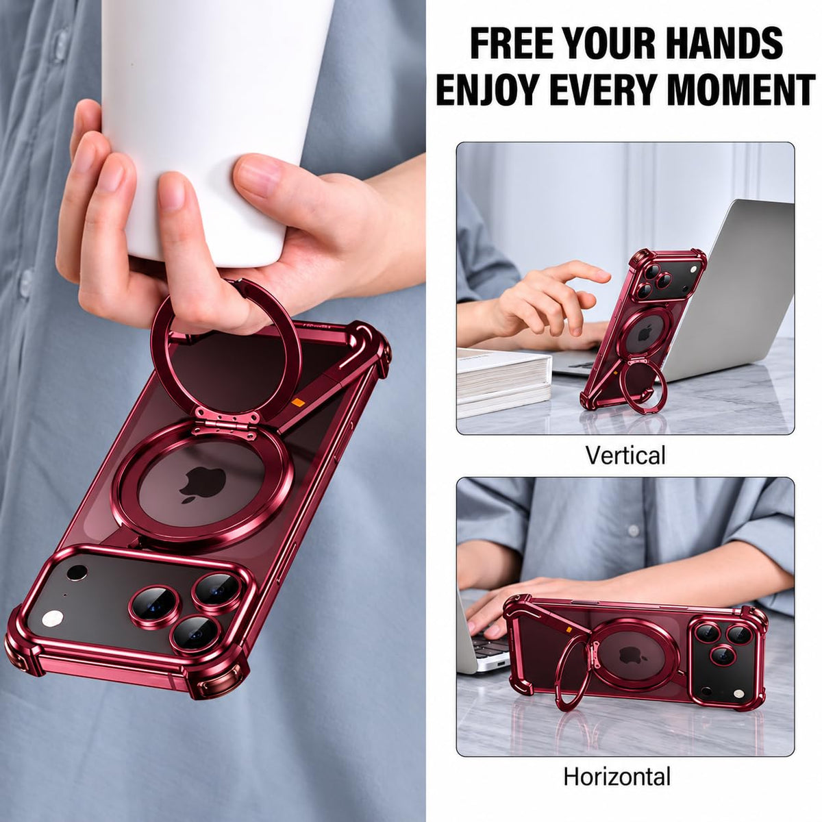 iPhone 18 Pro Metal Case,  Frameless Bumper Case 360° Rotatable Stand with Magsafe - Wine