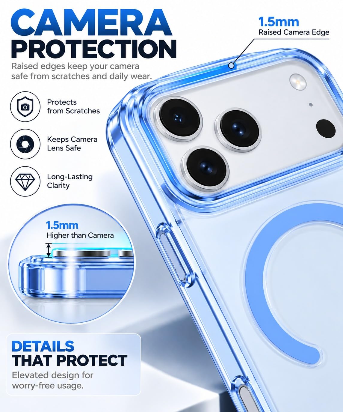 iPhone 18 Pro Max Crystal Clear Semi-Transparent Case Shockproof Cover with Strong N52 Magnetic Magsafe Case - Sky Blue
