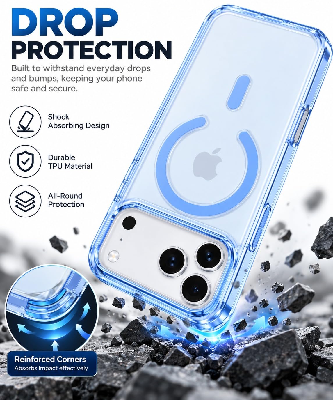 iPhone 18 Pro Max Crystal Clear Semi-Transparent Case Shockproof Cover with Strong N52 Magnetic Magsafe Case - Sky Blue