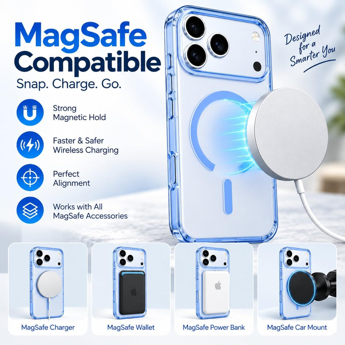 iPhone 18 Pro Max Crystal Clear Semi-Transparent Case Shockproof Cover with Strong N52 Magnetic Magsafe Case - Sky Blue