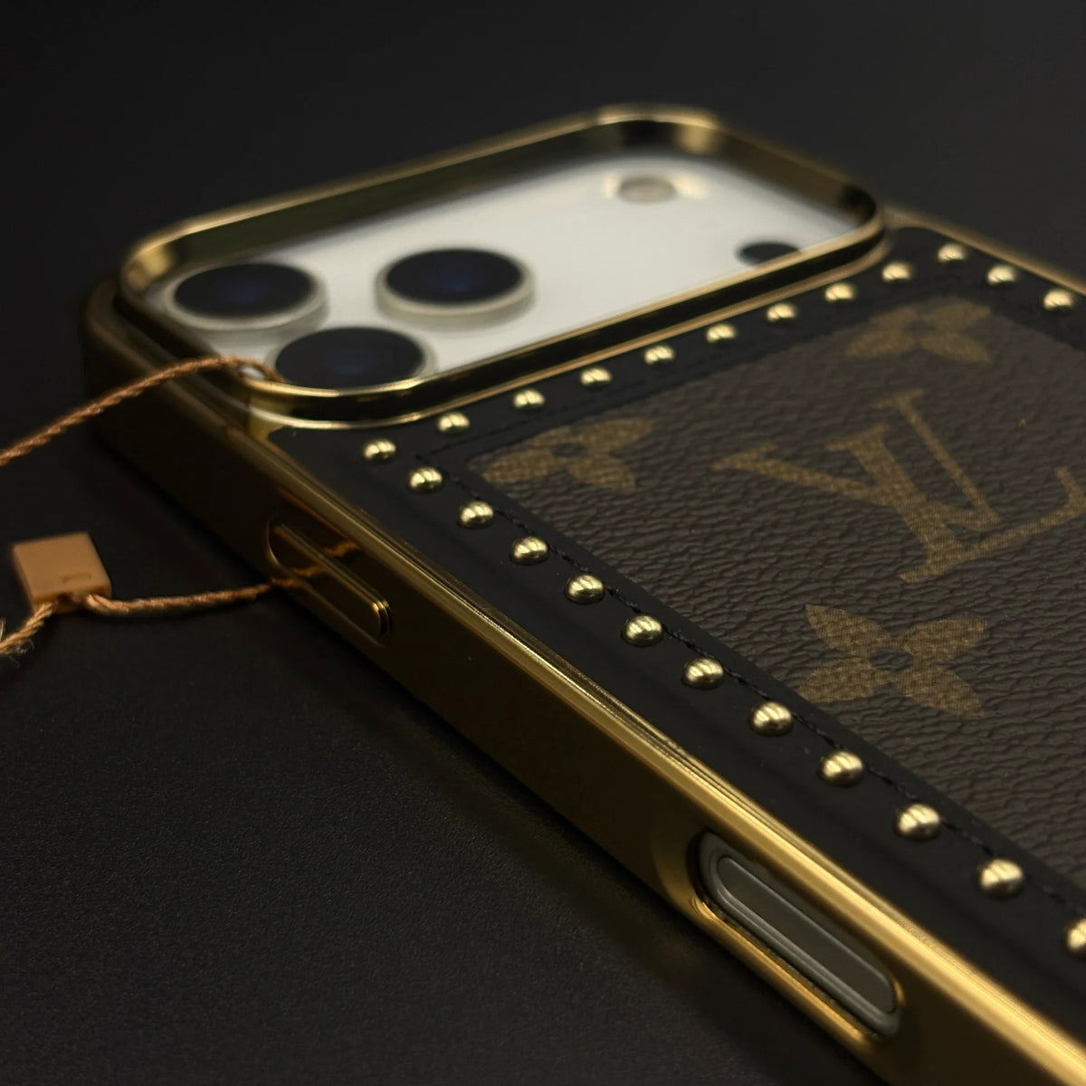 iPhone 17 Pro Max Leather Case, Gold Plated Luxury LV Leather Cover Monogram Case