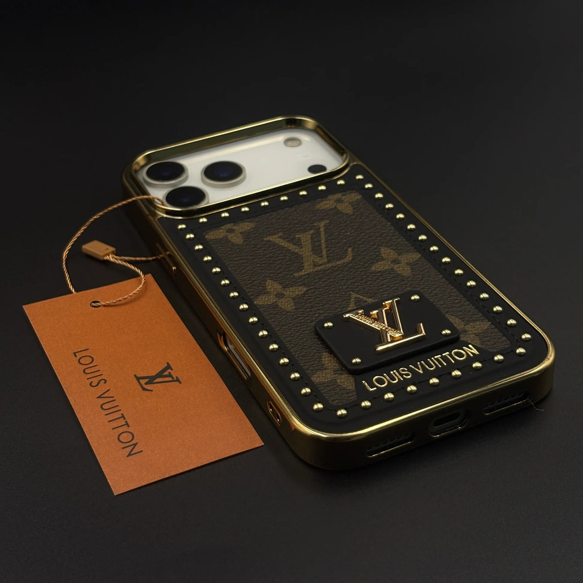 iPhone 17 Pro Max Leather Case, Gold Plated Luxury LV Leather Cover Monogram Case