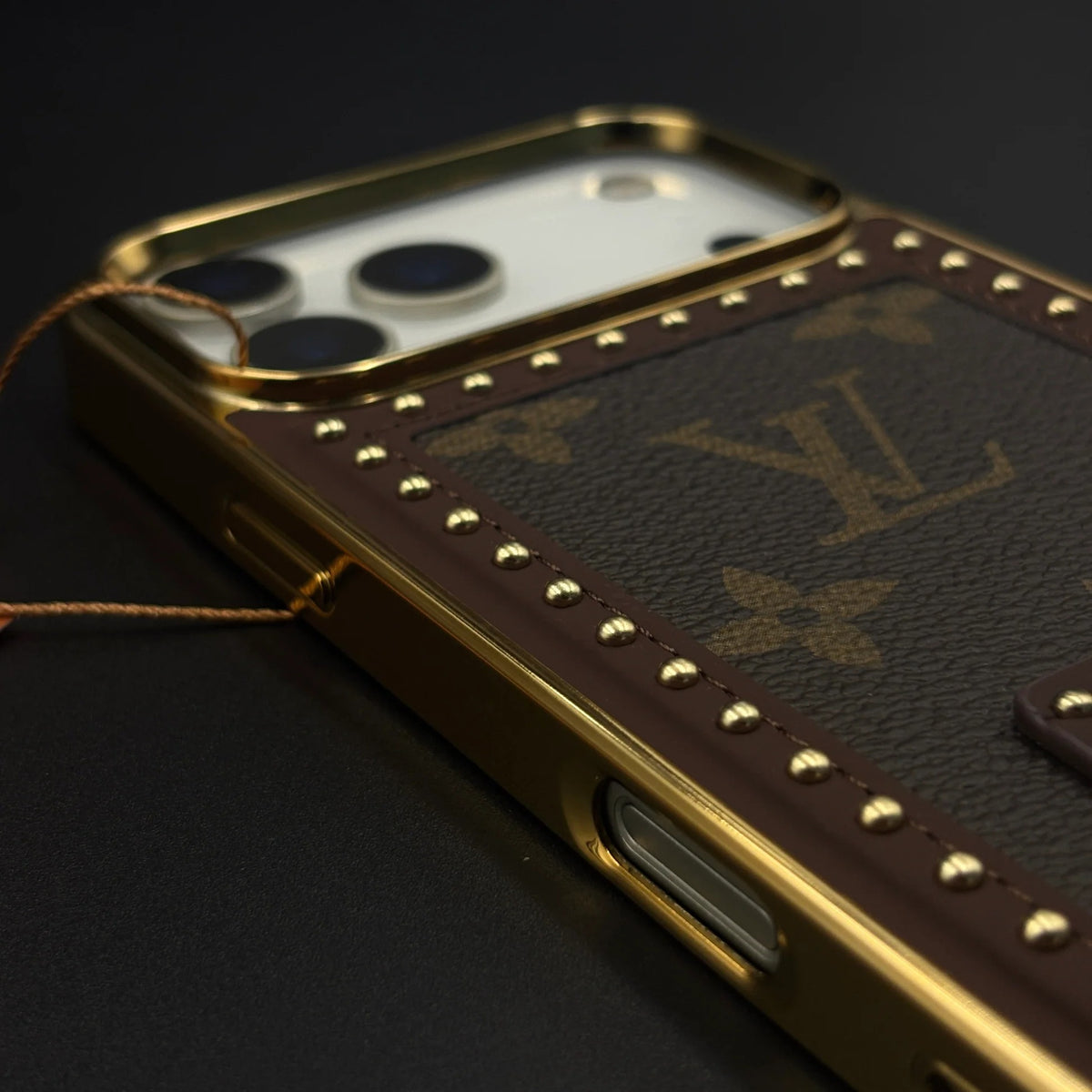 iPhone 17 Pro Max Leather Case, Gold Plated Luxury LV Leather Cover Monogram Case