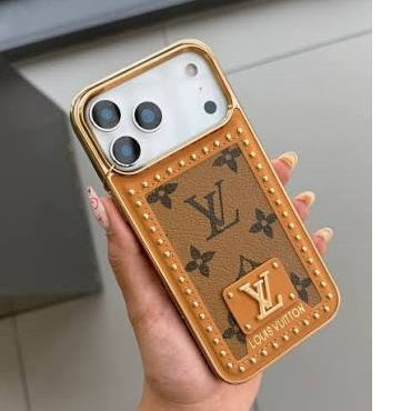 iPhone 17 Pro Max Leather Case, Gold Plated Luxury LV Leather Cover Monogram Case