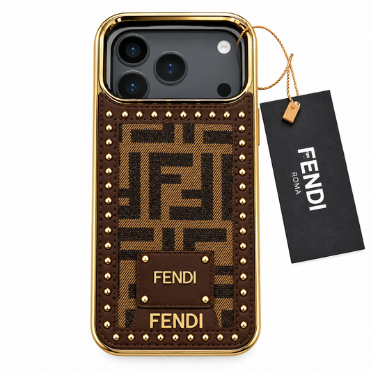 iPhone 17 Pro Max Leather Case, Gold Plated Luxury FENDI & Burberry Leather Cover Monogram Case