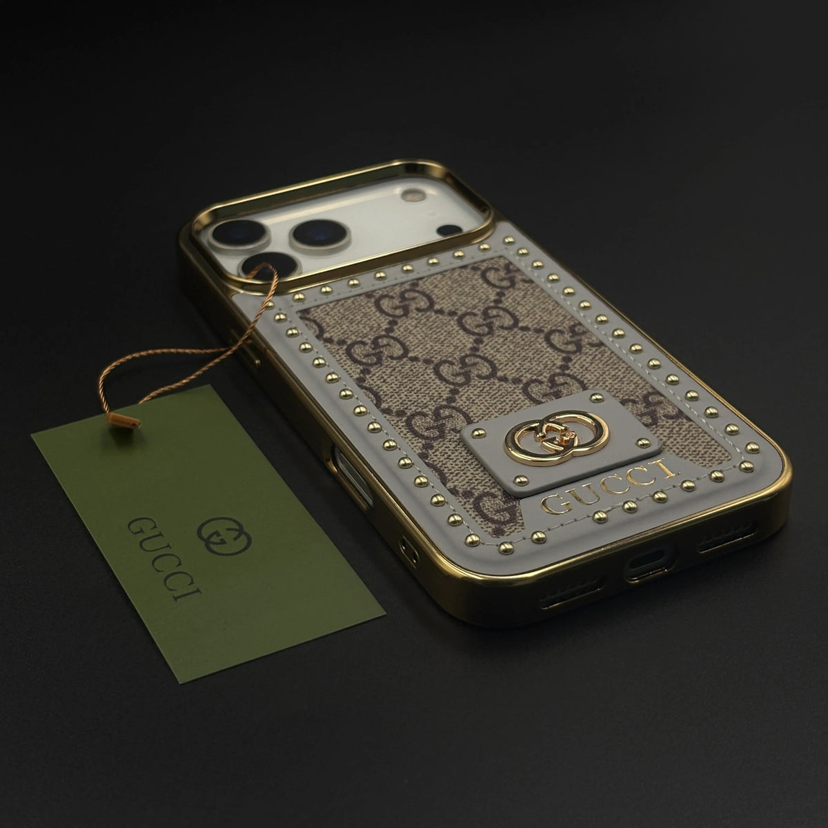 iPhone 17 Pro Max Leather Case, Gold Plated Luxury GUCCI Leather Cover Monogram Case