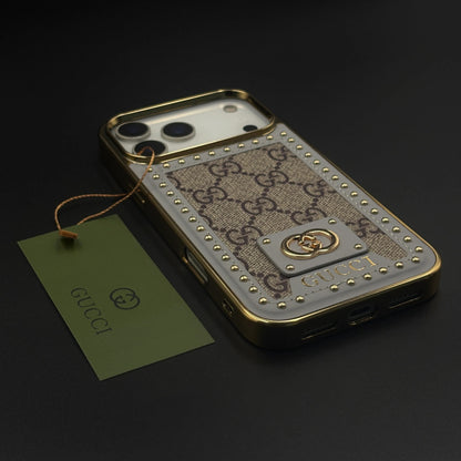 iPhone 17 Pro Max Leather Case, Gold Plated Luxury GUCCI Leather Cover Monogram Case