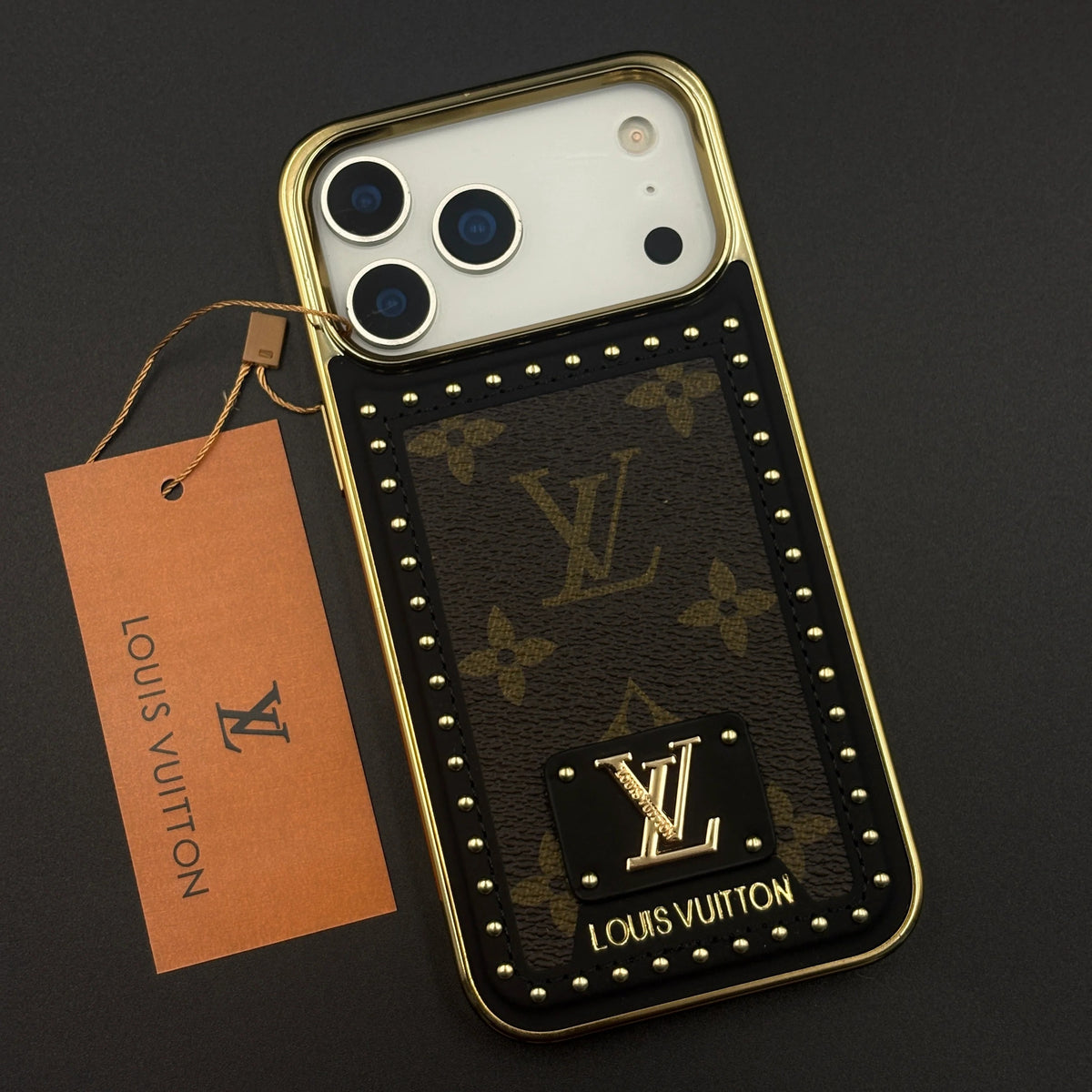 iPhone 17 Pro Max Leather Case, Gold Plated Luxury LV Leather Cover Monogram Case