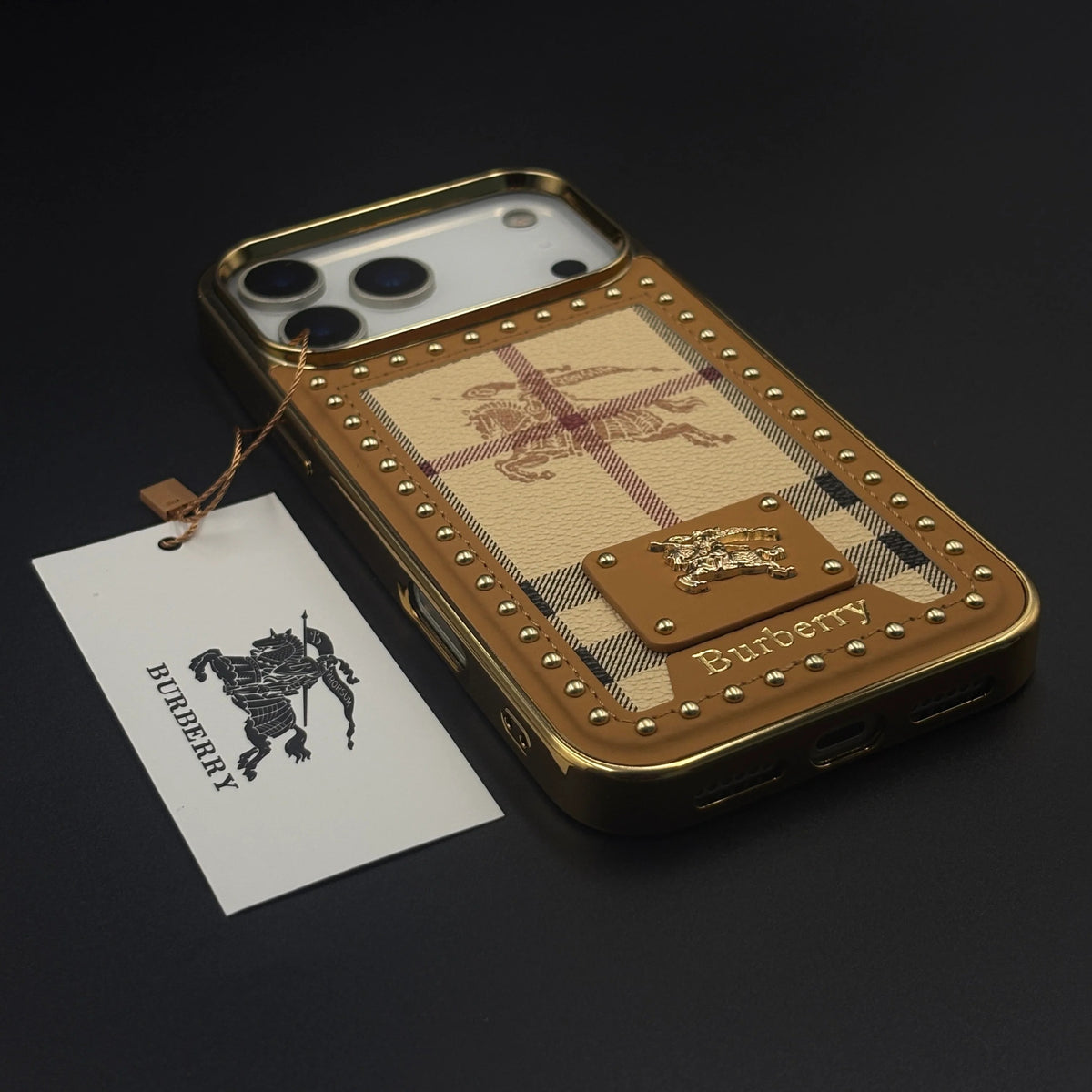 iPhone 17 Pro Max Leather Case, Gold Plated Luxury FENDI & Burberry Leather Cover Monogram Case