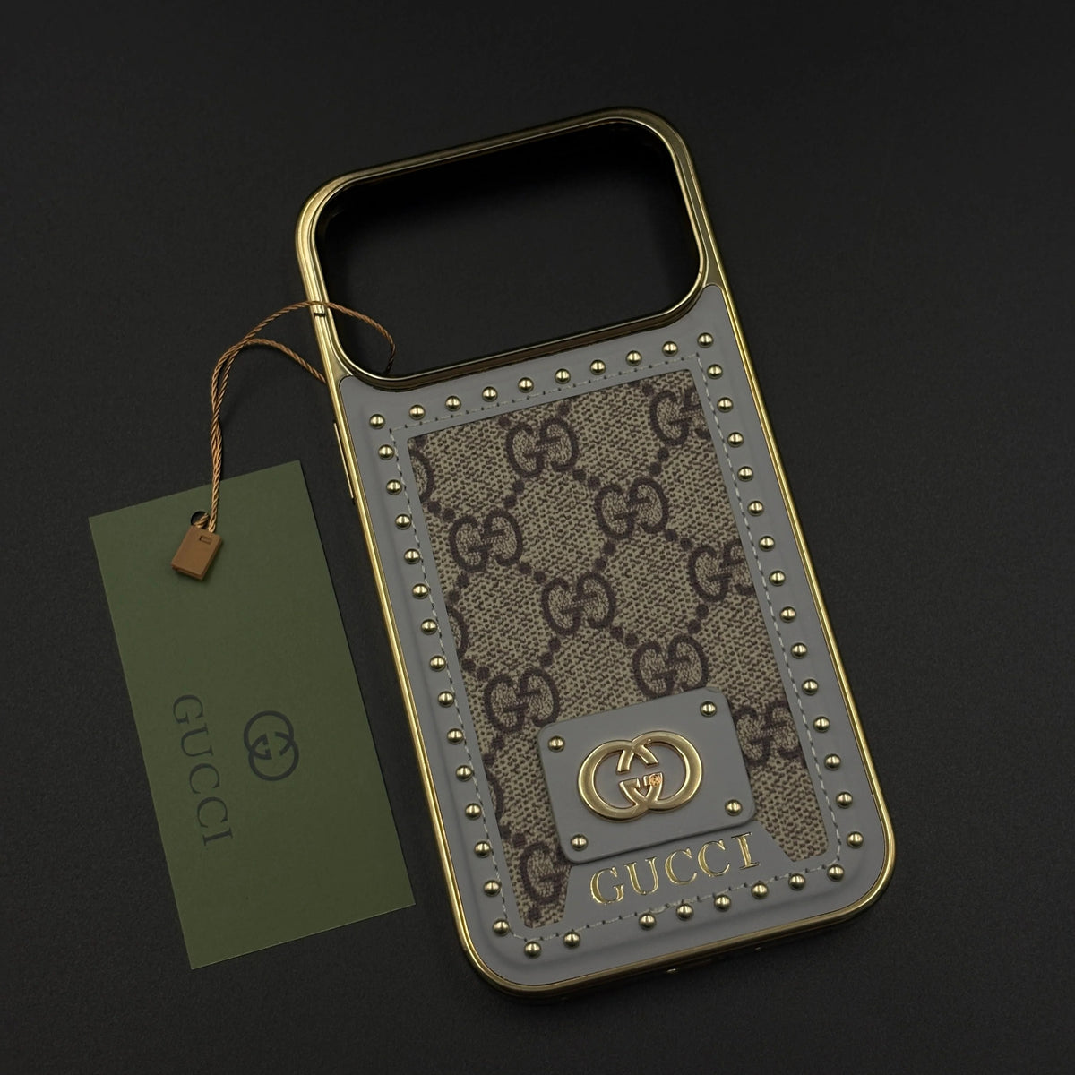iPhone 17 Pro Max Leather Case, Gold Plated Luxury GUCCI Leather Cover Monogram Case