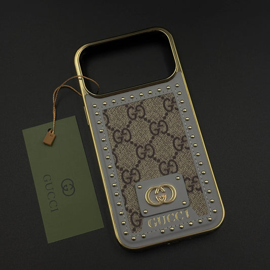 iPhone 17 Pro Max Leather Case, Gold Plated Luxury GUCCI Leather Cover Monogram Case