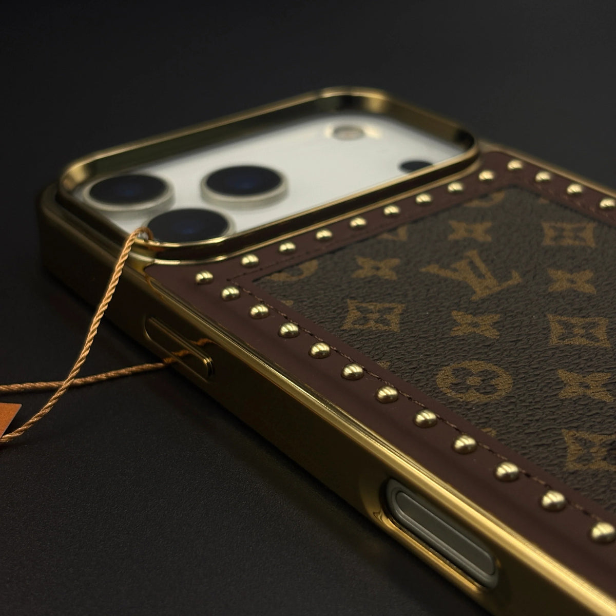 iPhone 17 Pro Max Leather Case, Gold Plated Luxury LV Leather Cover Monogram Case