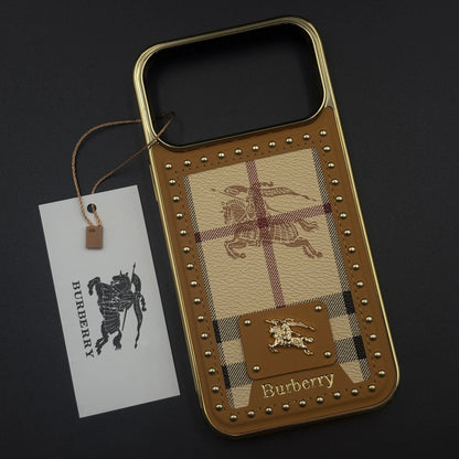 iPhone 17 Pro Max Leather Case, Gold Plated Luxury FENDI & Burberry Leather Cover Monogram Case