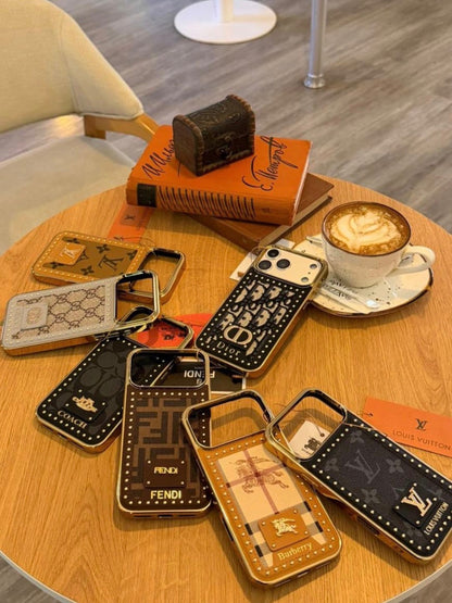 iPhone 17 Pro Max Leather Case, Gold Plated Luxury FENDI & Burberry Leather Cover Monogram Case