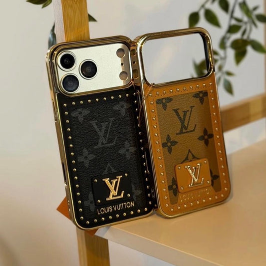 iPhone 17 Pro Max Leather Case, Gold Plated Luxury LV Leather Cover Monogram Case