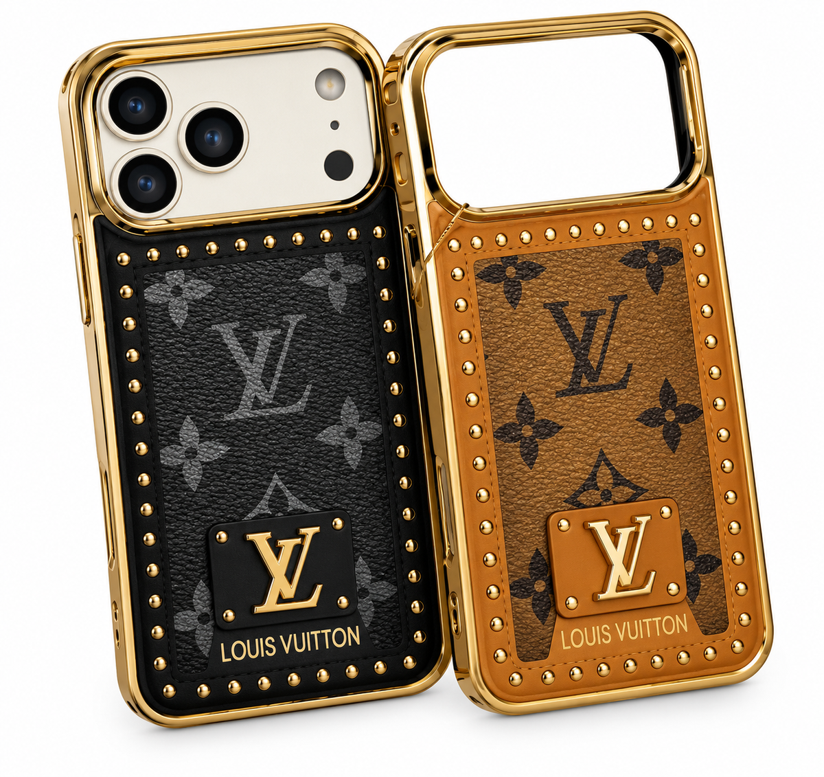 iPhone 17 Pro Max Leather Case, Gold Plated Luxury LV Leather Cover Monogram Case
