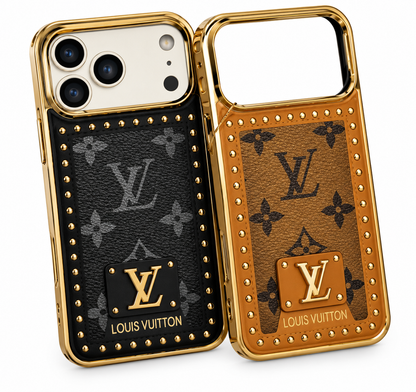 iPhone 17 Pro Max Leather Case, Gold Plated Luxury LV Leather Cover Monogram Case