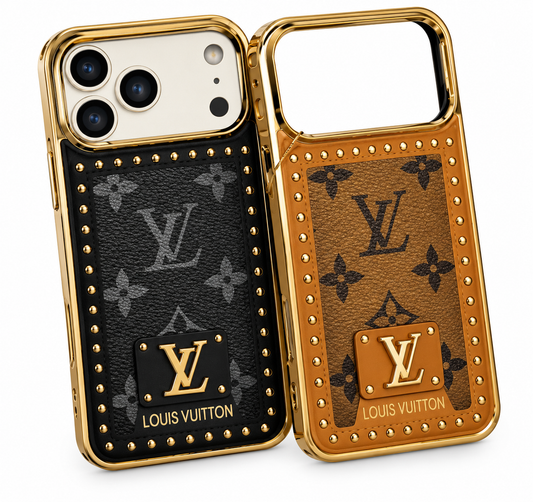 iPhone 17 Pro Max Leather Case, Gold Plated Luxury LV Leather Cover Monogram Case