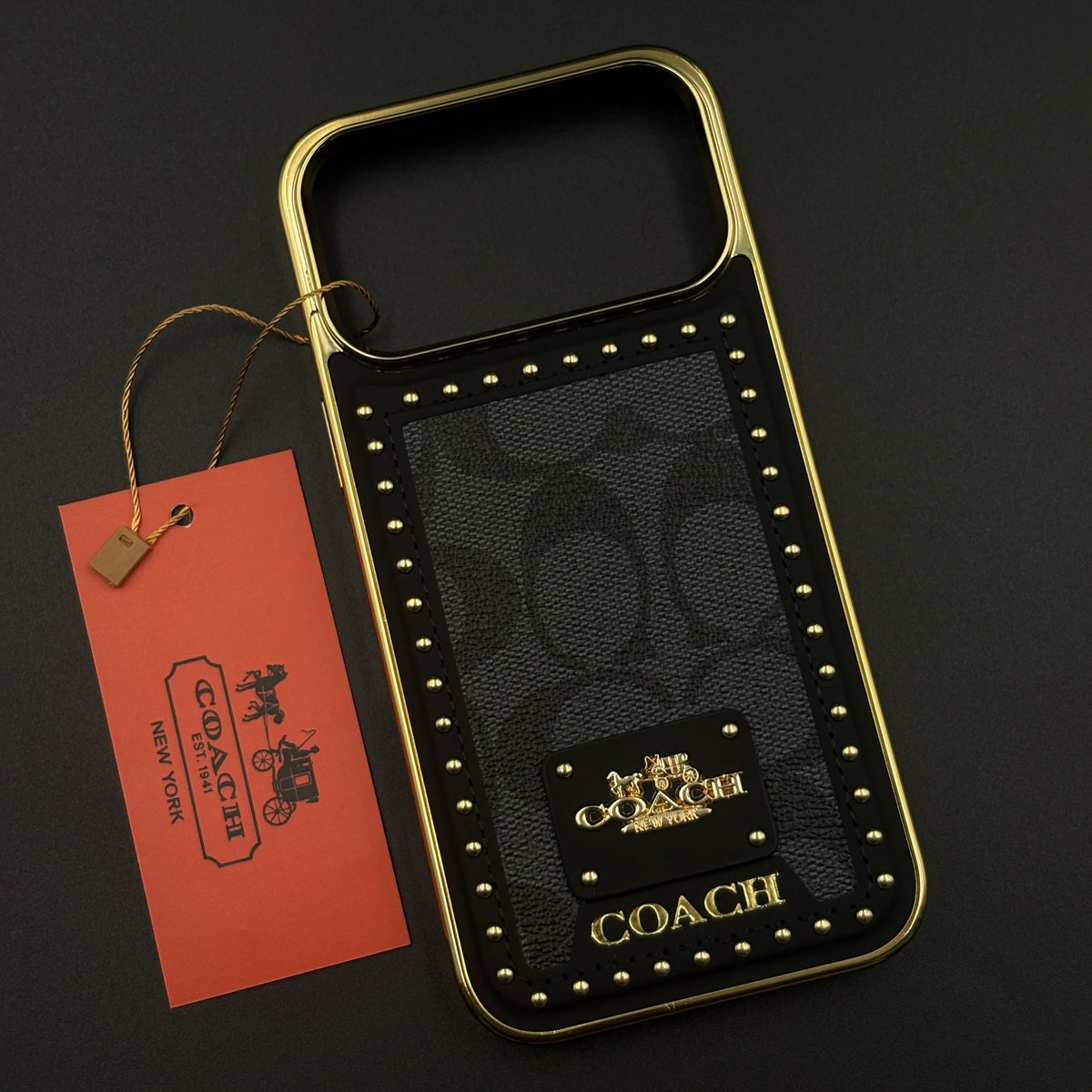 iPhone 17 Pro Max Leather Case, Gold Plated Luxury Coach Leather Cover Monogram Case