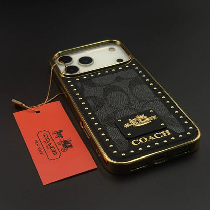iPhone 17 Pro Max Leather Case, Gold Plated Luxury Coach Leather Cover Monogram Case