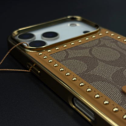 iPhone 17 Pro Max Leather Case, Gold Plated Luxury Coach Leather Cover Monogram Case