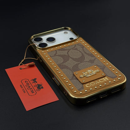 iPhone 17 Pro Max Leather Case, Gold Plated Luxury Coach Leather Cover Monogram Case