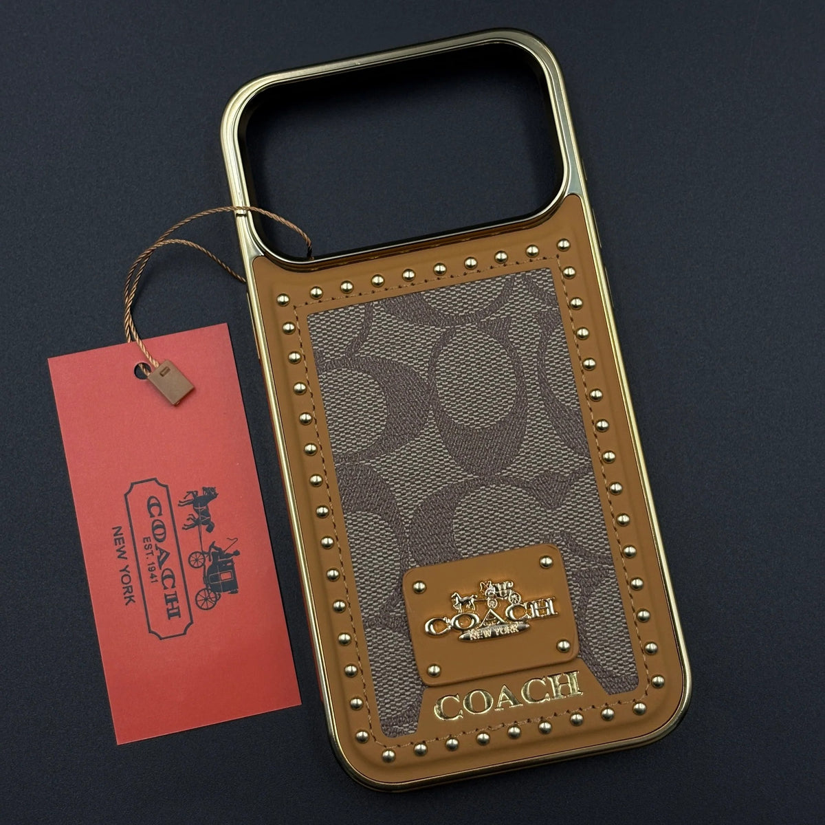 iPhone 17 Pro Max Leather Case, Gold Plated Luxury Coach Leather Cover Monogram Case