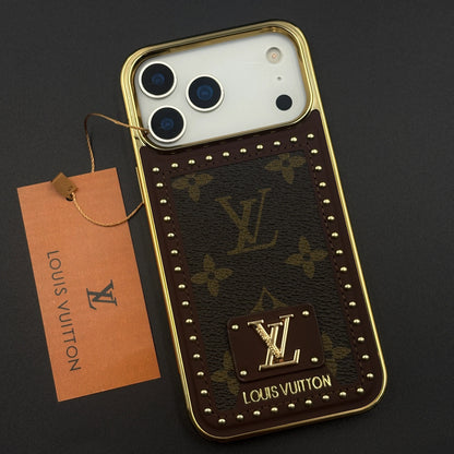 iPhone 17 Pro Max Leather Case, Gold Plated Luxury LV Leather Cover Monogram Case