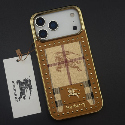 iPhone 17 Pro Max Leather Case, Gold Plated Luxury FENDI & Burberry Leather Cover Monogram Case