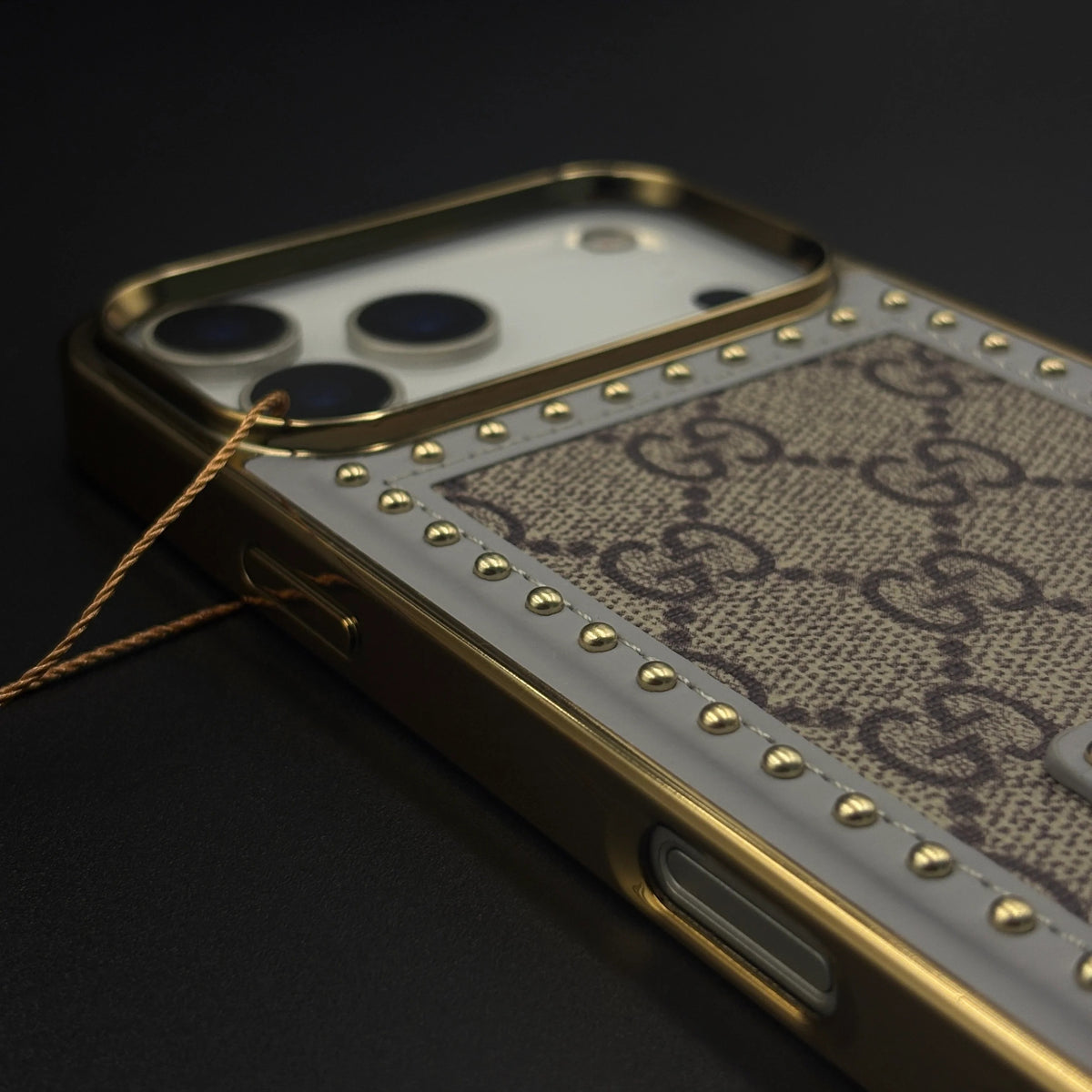 iPhone 17 Pro Max Leather Case, Gold Plated Luxury GUCCI Leather Cover Monogram Case