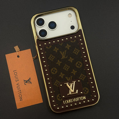 iPhone 17 Pro Max Leather Case, Gold Plated Luxury LV Leather Cover Monogram Case