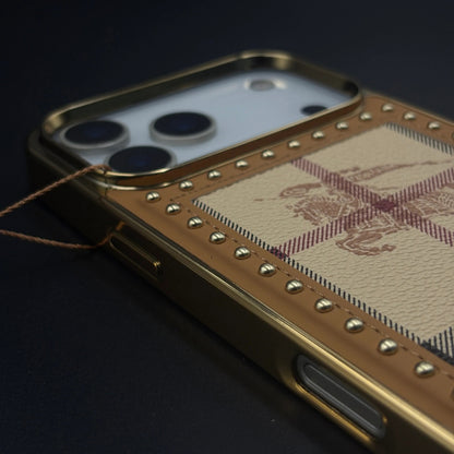 iPhone 17 Pro Max Leather Case, Gold Plated Luxury FENDI & Burberry Leather Cover Monogram Case