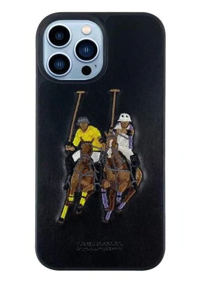 iPhone 14 Pro Max Luxury 3D Embroided Polo Jockey Series Woven Leather Case