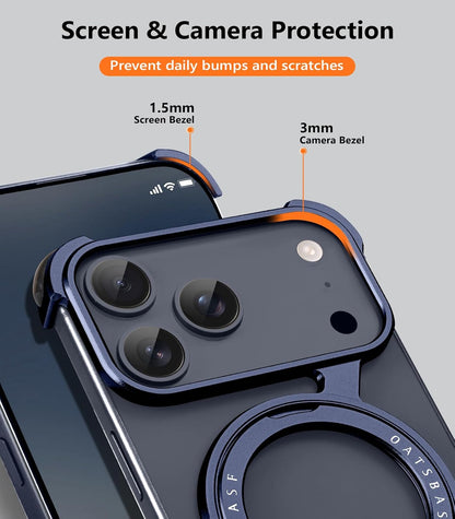 iPhone 17 Pro Max Metal Frameless Bumper Case 360° Rotatable Stand with Magsafe - Blue