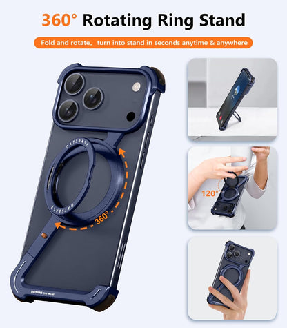 iPhone 17 Pro Max Metal Frameless Bumper Case 360° Rotatable Stand with Magsafe - Blue