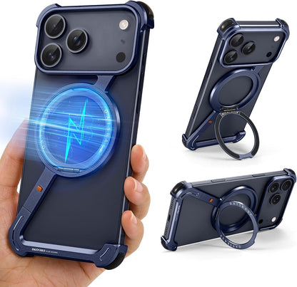 iPhone 17 Pro Max Metal Frameless Bumper Case 360° Rotatable Stand with Magsafe - Blue